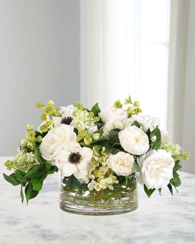 Roses & Anemones 19" Faux Floral Arrangement in Glass Bowl